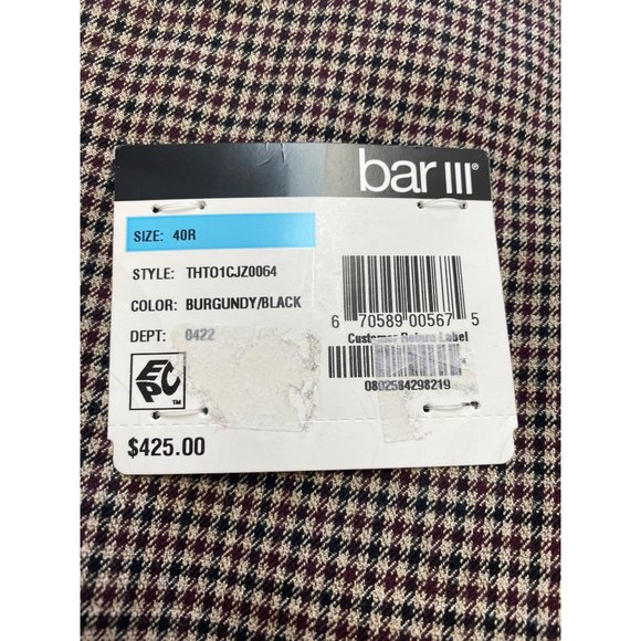 BAR III Men’s Checkered Slim Fit Suit Jacket Burgundy/Black Size 40R New - Picture 3 of 3